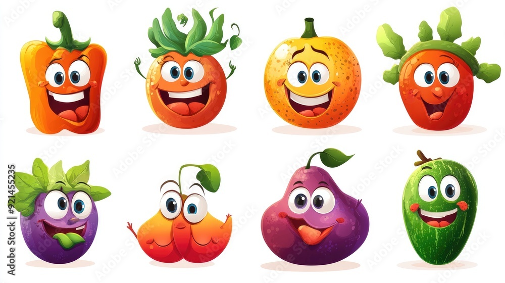 A lively set of cartoon vegetable and fruit faces with varied expressions and vibrant colors, perfect for a fun design A lively set of cartoon vegetable and fruit faces with varied expressions and vibrant colors, perfect for a fun design