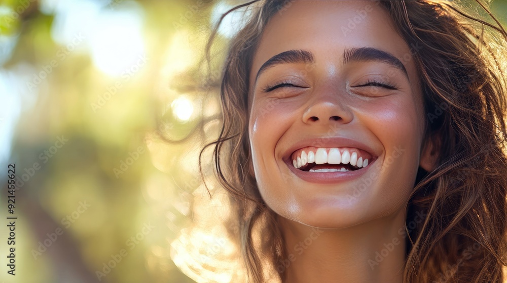 Beautiful woman laughing, with a close-up on her shining teeth, outdoors. Beautiful woman laughing, with a close-up on her shining teeth, outdoors.