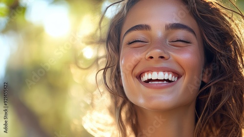 Beautiful woman laughing, with a close-up on her shining teeth, outdoors.