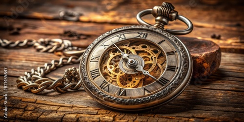 Antique pocket watch with intricately engraved silver case, Roman numerals, and delicate hands, resting on a distressed wooden table, surrounded by rusty gears. photo