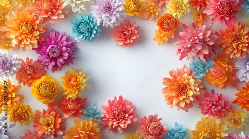 Bright and colorful 3D chrysanthemums arranged on a clean white background, perfect for a vibrant A4 magazine cover design Bright and colorful 3D chrysanthemums arranged on a clean white background, perfect for a vibrant A4 magazine cover design