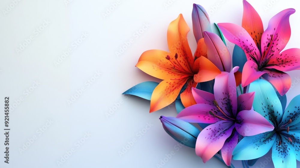 Fototapeta premium Bright and colorful 3D lilies as a floral watermark, perfect for a contemporary A4 brochure template with a clean white backdrop