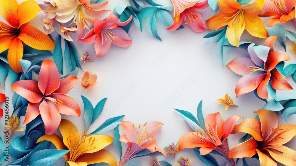 Bright and vibrant 3D lilies, forming a beautiful floral pattern on a white A4 magazine cover template Bright and vibrant 3D lilies, forming a beautiful floral pattern on a white A4 magazine cover template