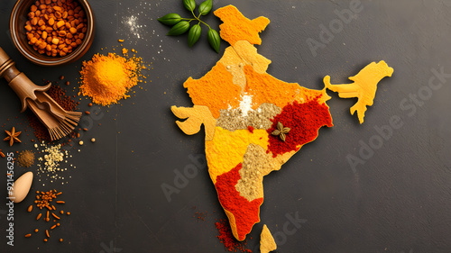 Indian cuisine spices in India map. Generative AI