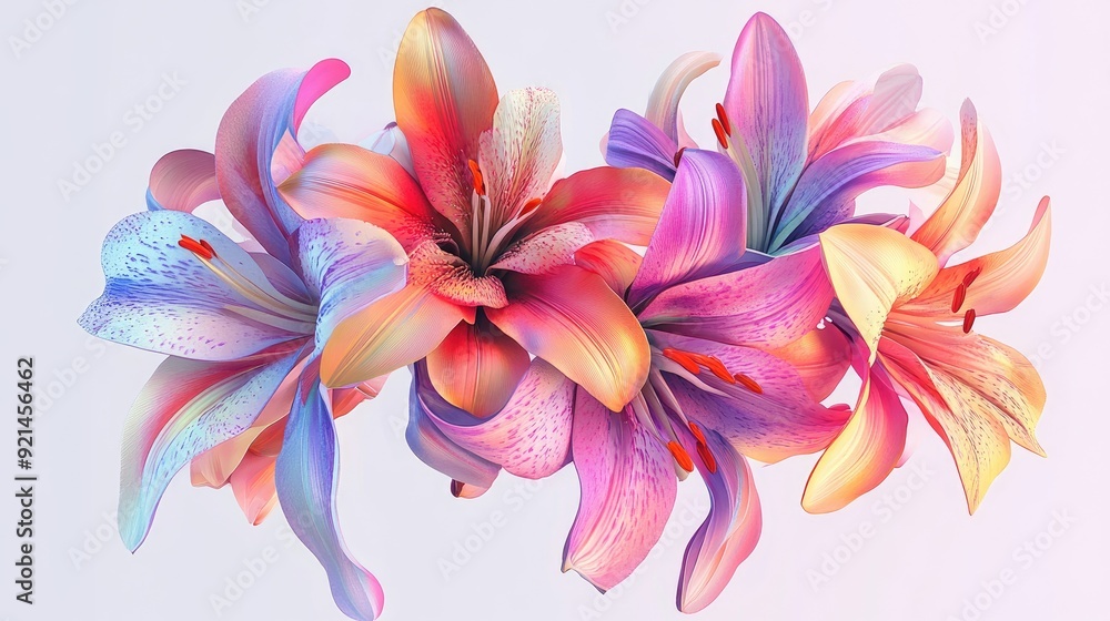 Dynamic 3D lilies in vivid colors, creating a stunning floral composition for a magazine cover on a white background Dynamic 3D lilies in vivid colors, creating a stunning floral composition for a magazine cover on a white background