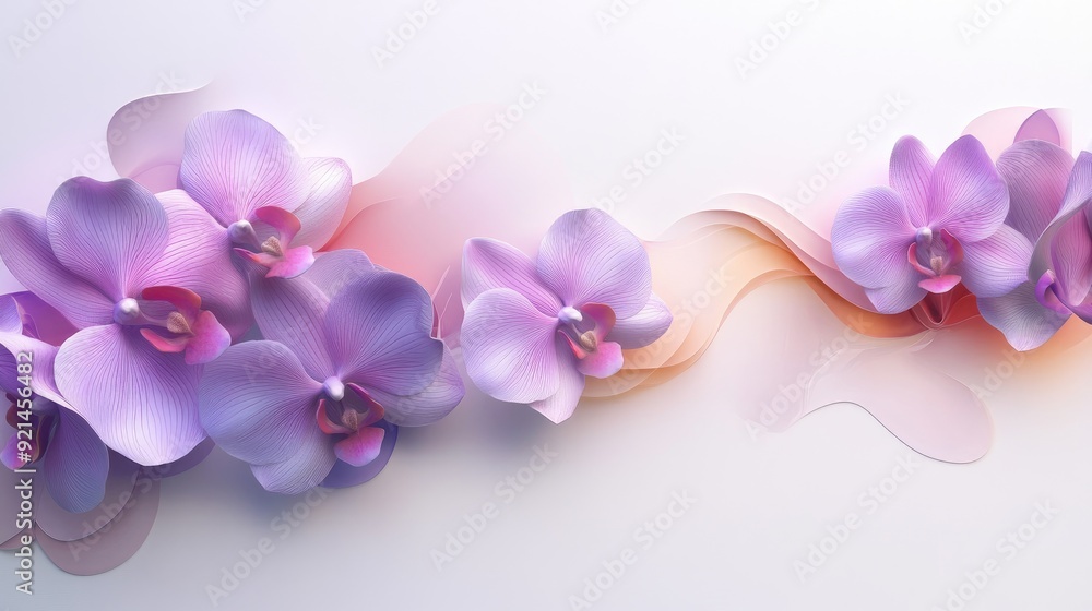 Dynamic 3D orchids in rich hues, elegantly arranged on a brochure cover with a subtle floral watermark, isolated on white Dynamic 3D orchids in rich hues, elegantly arranged on a brochure cover with a subtle floral watermark, isolated on white
