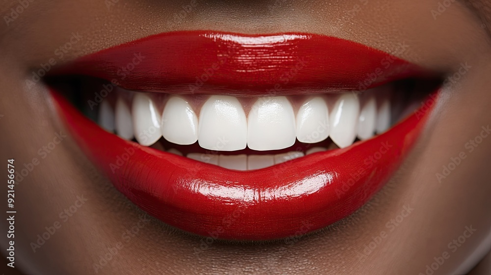 Close-up of a woman's mouth, showcasing her beautiful teeth and red lipstick. Close-up of a woman's mouth, showcasing her beautiful teeth and red lipstick.