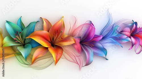 Elegant 3D lilies in a variety of vivid colors, creating a modern floral watermark on a white brochure cover design