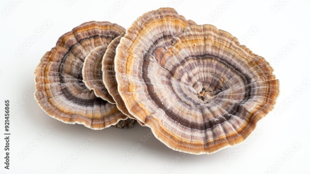 Close-up of organic turkey tail mushrooms with detailed striations and vibrant colors, set on a white background. Close-up of organic turkey tail mushrooms with detailed striations and vibrant colors, set on a white background.