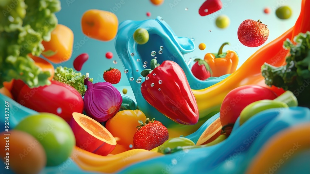 Vivid 3D cartoon fruits and veggies in flowing wave forms, blending colors dynamically for an artistic visual effect Vivid 3D cartoon fruits and veggies in flowing wave forms, blending colors dynamically for an artistic visual effect