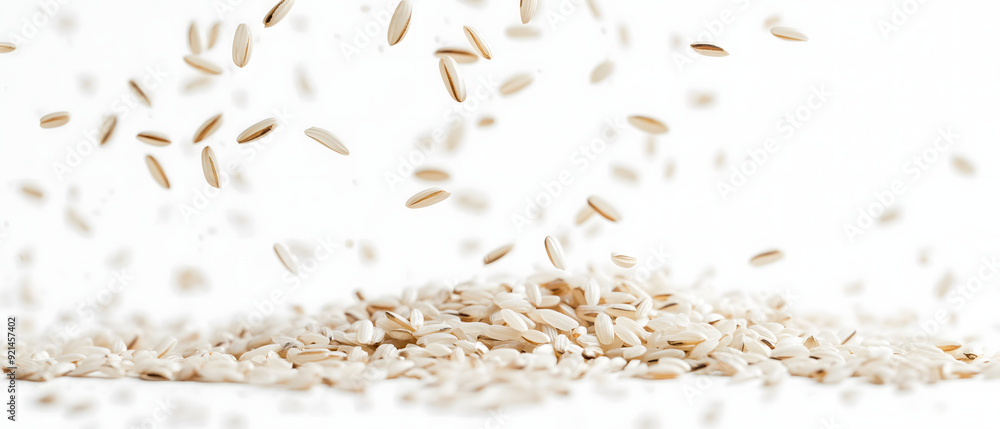 Cascade of Rice Grains Falling and Bouncing on a White Background Cascade of Rice Grains Falling and Bouncing on a White Background