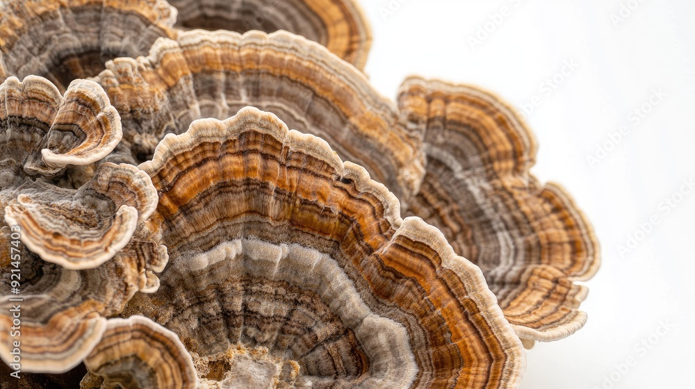 Detailed view of a cluster of turkey tail mushrooms, with their unique shapes highlighted against a white background. Detailed view of a cluster of turkey tail mushrooms, with their unique shapes highlighted against a white background.