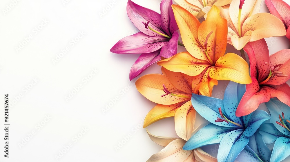 Vivid 3D colorful lilies arranged on a clean white background, perfect for a modern brochure template with elegant floral elements Vivid 3D colorful lilies arranged on a clean white background, perfect for a modern brochure template with elegant floral elements