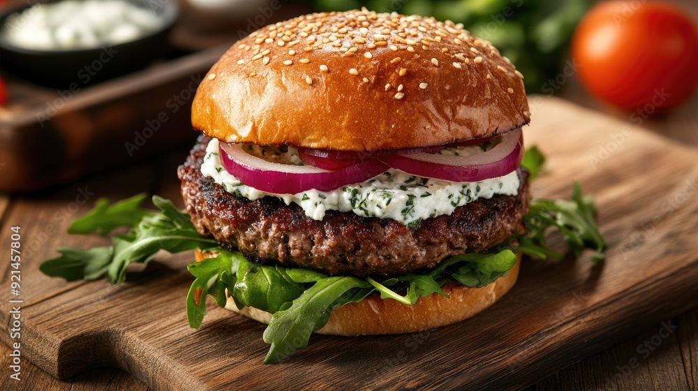 Gourmet burger with bacon, cheese, and pickles, shot from above on a rustic cutting board. Gourmet burger with bacon, cheese, and pickles, shot from above on a rustic cutting board.