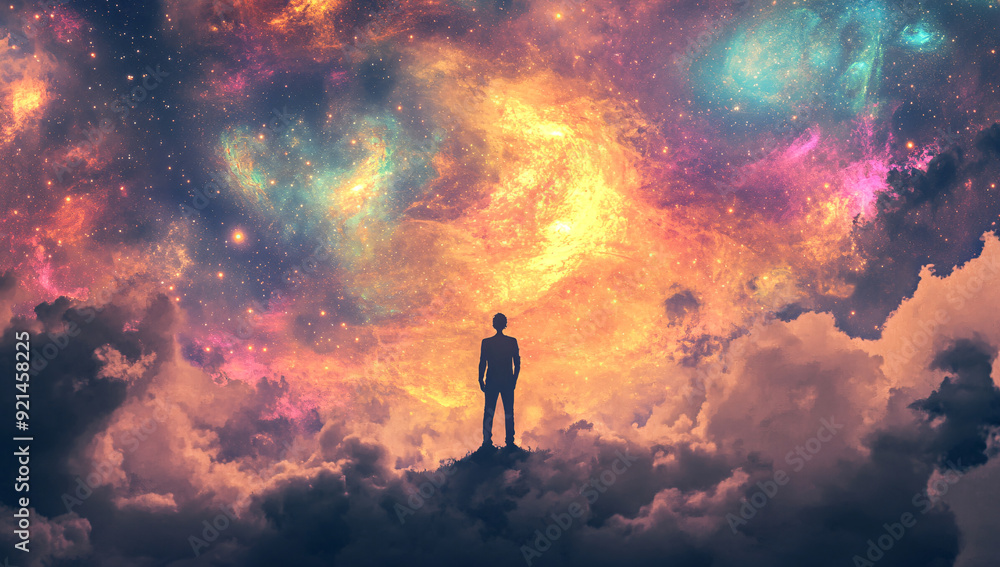 Fototapeta premium Silhouette gazing at vibrant cosmic sky in surreal digital art.