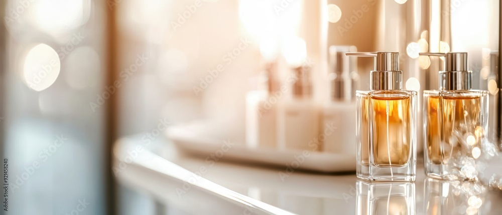 Perfume bottles and skincare items in an elegant vanity setup, illustrating a sophisticated self-care routine Perfume bottles and skincare items in an elegant vanity setup, illustrating a sophisticated self-care routine