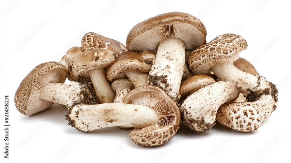Matsutake mushrooms displayed in a natural arrangement, showcasing their unique features on a white background. Matsutake mushrooms displayed in a natural arrangement, showcasing their unique features on a white background.