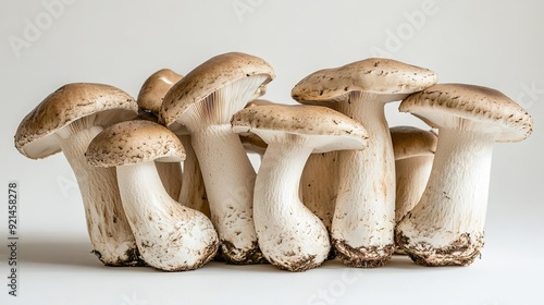 Matsutake mushrooms displayed in a natural arrangement, showcasing their unique features on a white background.