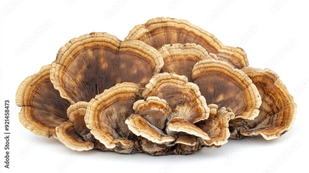 Organic turkey tail mushrooms in a natural arrangement, showing their detailed caps on a white background. Organic turkey tail mushrooms in a natural arrangement, showing their detailed caps on a white background.