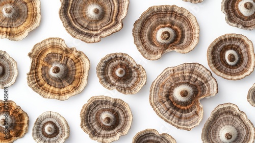 Organic turkey tail mushrooms laid out in a pattern, showcasing their natural textures on a white background.