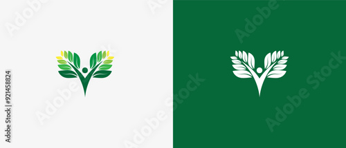 Logo two people protect leaf, logo people nature. Logo medical, health, lifestyle, yoga. Editable file