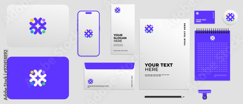 Minimalist colorful logo letter U with four people hug, logo teamwork, organotation, busines with full brand kit stationery, Mega bundle pack. Editable file