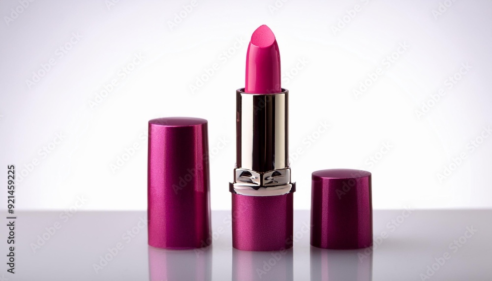 A bright fuchsia lipstick with a glossy finish, cap removed and lying beside the tube, isola A bright fuchsia lipstick with a glossy finish, cap removed and lying beside the tube, isola