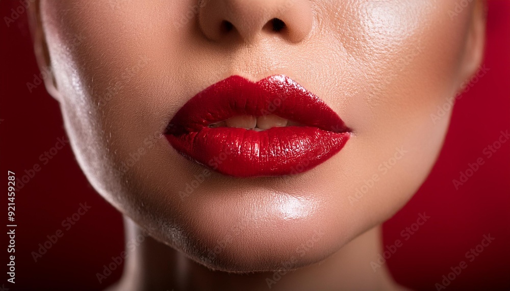 Obraz premium A close-up shot of a woman's lips painted a bold, fire engine red, with a slight sheen to hi 