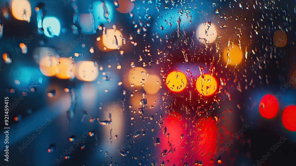 Traffic lights glowing through the raindrops on a wet window, creating a blurred and colorful effect. Traffic lights glowing through the raindrops on a wet window, creating a blurred and colorful effect.