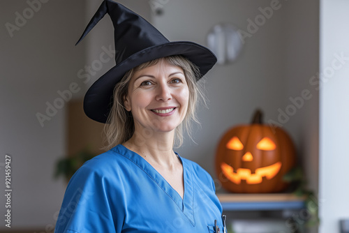 Portrait of mature female nurse in blue scrubs and wearing a witch hat standing at a hospital with halloween jack-o'-lanterns decorations in the background. photo