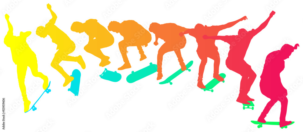 Dynamic silhouette sequence of skateboarder performing mid-air trick. Frame-by-frame image of skate trick. Multicolored vector illustration of silhouette. Fluid motion and athletic skateboarding skill Dynamic silhouette sequence of skateboarder performing mid-air trick. Frame-by-frame image of skate trick. Multicolored vector illustration of silhouette. Fluid motion and athletic skateboarding skill