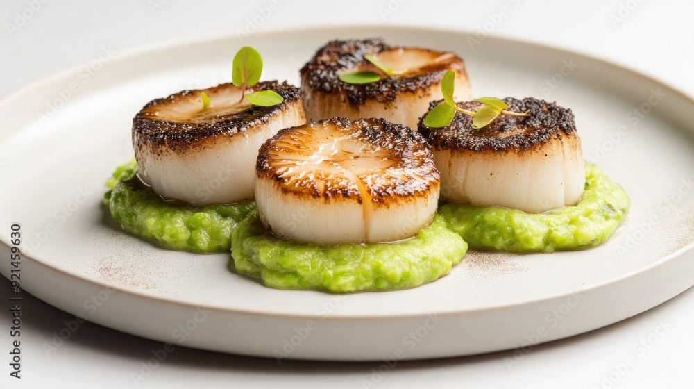 Truffle mushrooms on a fine dining plate of seared scallops and pea puree, against a white background. - Truffle mushrooms on a fine dining plate of seared scallops and pea puree, against a white background. -