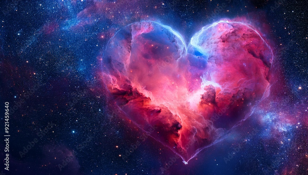 Obraz premium A luminous heart-shaped nebula with vibrant reds and pinks, set against a cosmic background