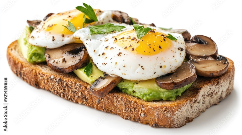 Truffle mushrooms on a piece of toasted sourdough with avocado and poached egg, isolated on white. Truffle mushrooms on a piece of toasted sourdough with avocado and poached egg, isolated on white.