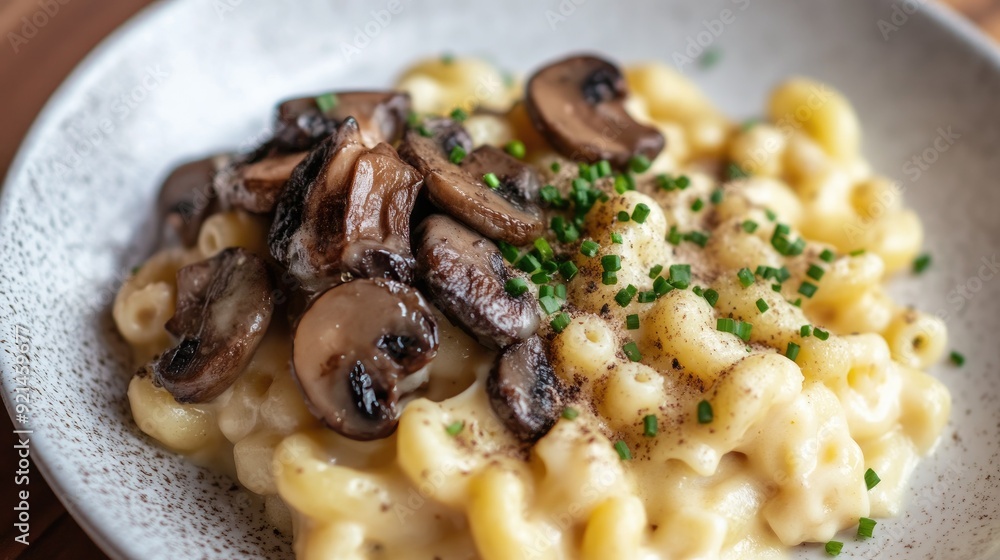 Truffle mushrooms on a plate of gourmet mac and cheese, with a sprinkle of chives. Truffle mushrooms on a plate of gourmet mac and cheese, with a sprinkle of chives.