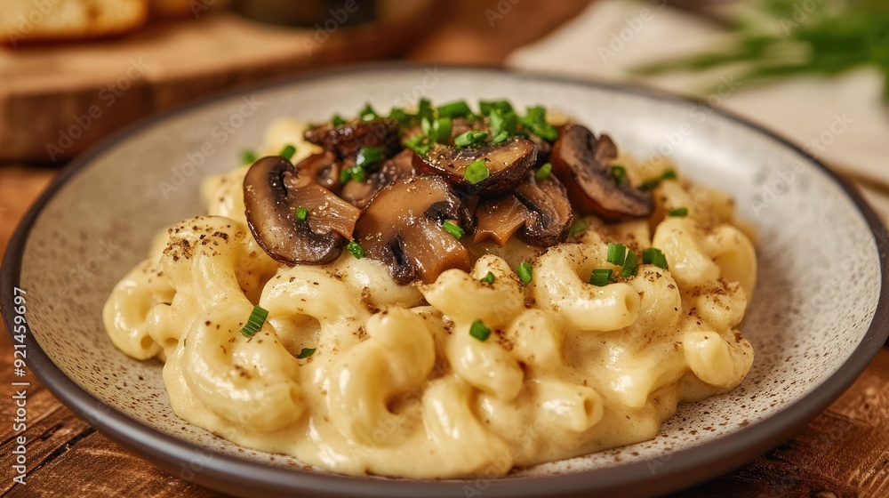 Truffle mushrooms on a plate of gourmet mac and cheese, with a sprinkle of chives. Truffle mushrooms on a plate of gourmet mac and cheese, with a sprinkle of chives.