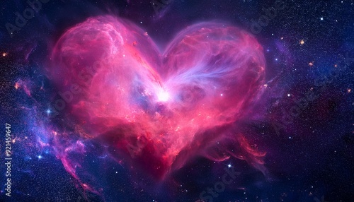 A luminous heart-shaped nebula with vibrant reds and pinks, set against a cosmic background