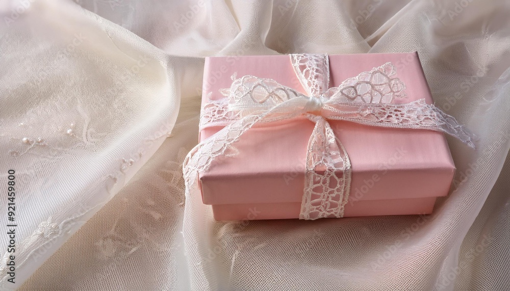 A pastel pink gift box with a delicate lace bow, placed on a soft cream-colored fabric. The 