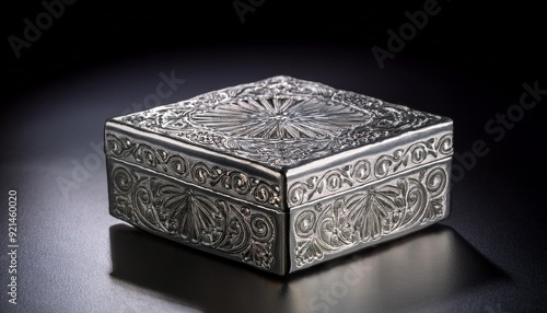 A small, silver gift box with an intricate, embossed pattern, centered on a smooth, matte bl 