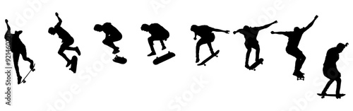 Dynamic silhouette sequence of skateboarder performing mid-air trick. Frame-by-frame image of skate trick. Black vector illustration of silhouette. Fluid motion and athletic skateboarding skill