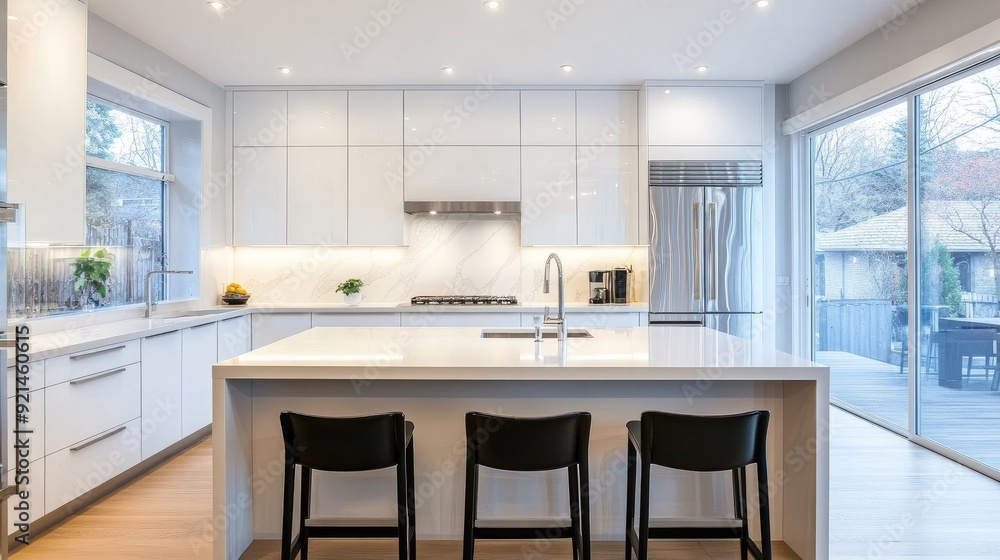 Sleek kitchen with white countertops and minimalist fixtures Sleek kitchen with white countertops and minimalist fixtures