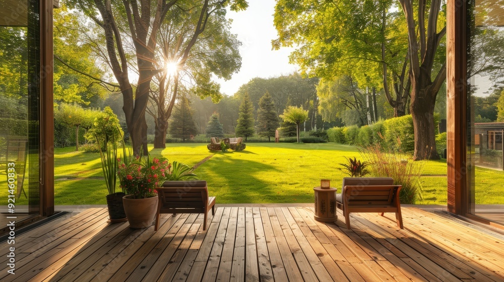 Naklejka premium A serene outdoor view from a wooden deck, showcasing lush greenery and sunlight.