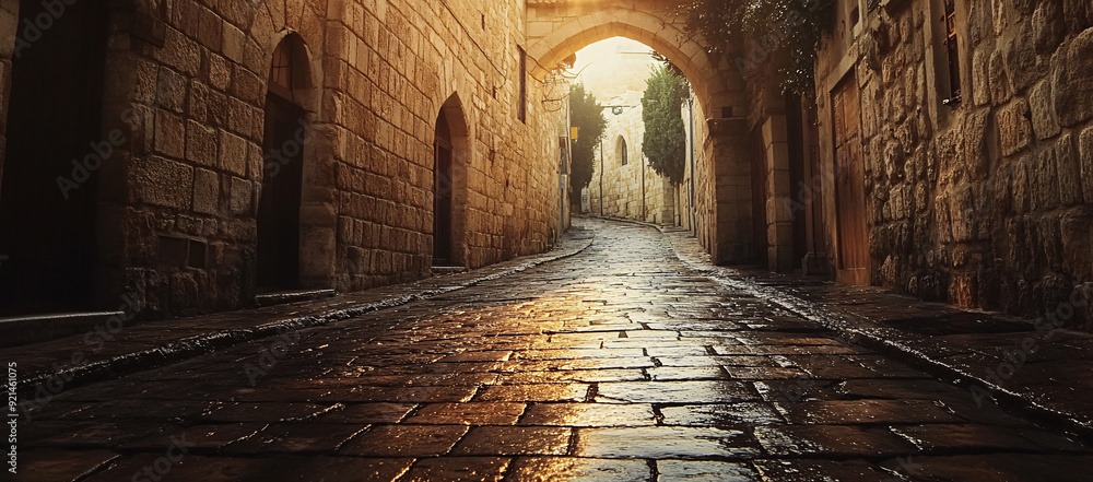 Obraz premium Elegant ancient street in Jerusalem with nostalgic cobblestone archway.