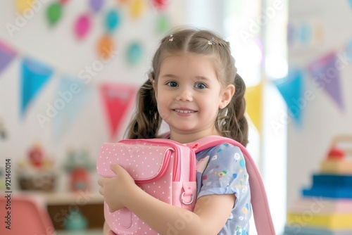 A cheerful young girl holding a pink backpack, smiling in a colorful classroom setting.