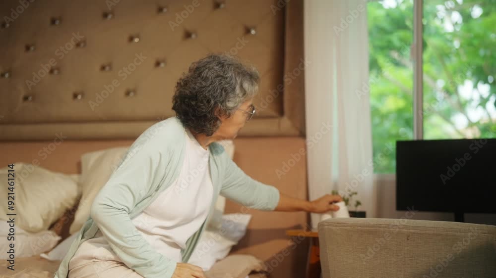 Asian senior mature woman patient taking medicine pill with drinking water from a glass for relief disease in bedroom Elderly retired woman taking vitamins complex supplement for self-care at home. Asian senior mature woman patient taking medicine pill with drinking water from a glass for relief disease in bedroom Elderly retired woman taking vitamins complex supplement for self-care at home.