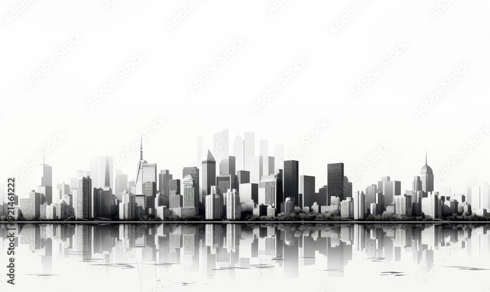 Fototapeta premium Black and white city skyline flat design, top view, urban landscape, 3D render, Complementary Color Scheme