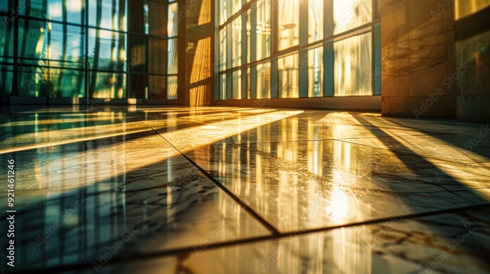 Sunlight is streaming through windows in a modern building, creating bright reflections on the shiny marble floor Sunlight is streaming through windows in a modern building, creating bright reflections on the shiny marble floor