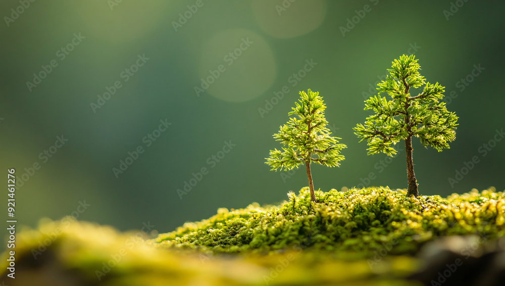 Two Miniature Trees Growing on Mossy Ground in Focus Two Miniature Trees Growing on Mossy Ground in Focus