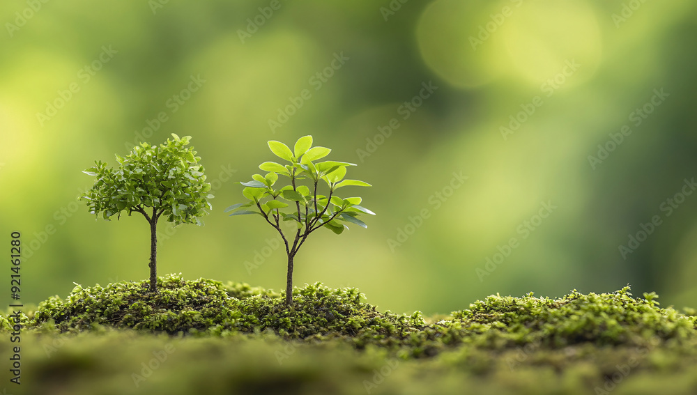 Two Miniature Trees Growing on Mossy Ground in Focus Two Miniature Trees Growing on Mossy Ground in Focus