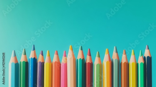 Colorful pencils neatly aligned in a wave pattern on a solid white background - back to school, artistic expression, educational products